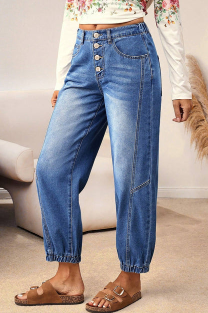 Jeans: Buttons Front Tapered Casual Loose Fit Jeans