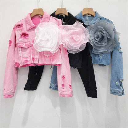 Be A Show-Stopper—Simply IRRESISTIBLE: Distressed Denim Jacket w/Floral Design