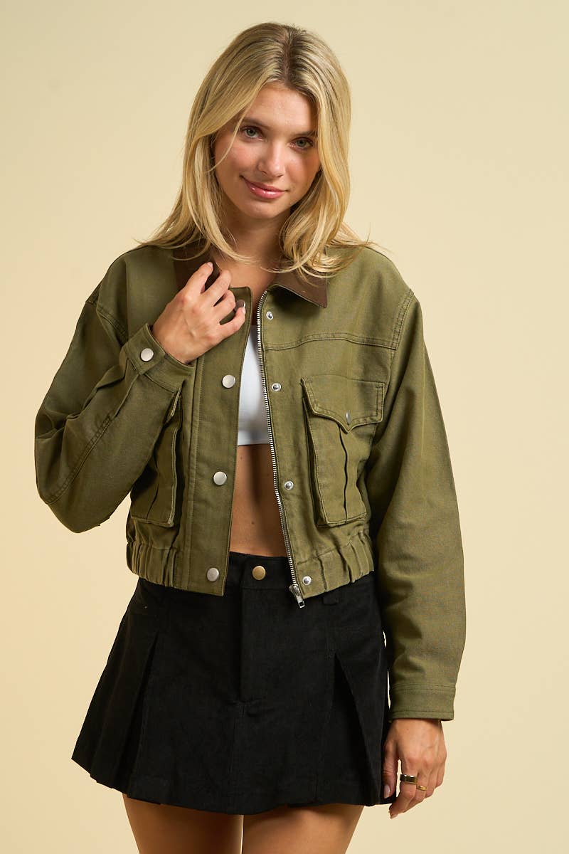 Cropped Utility Jacket with Contrast Collar (OLIVE w/Brown Collar)