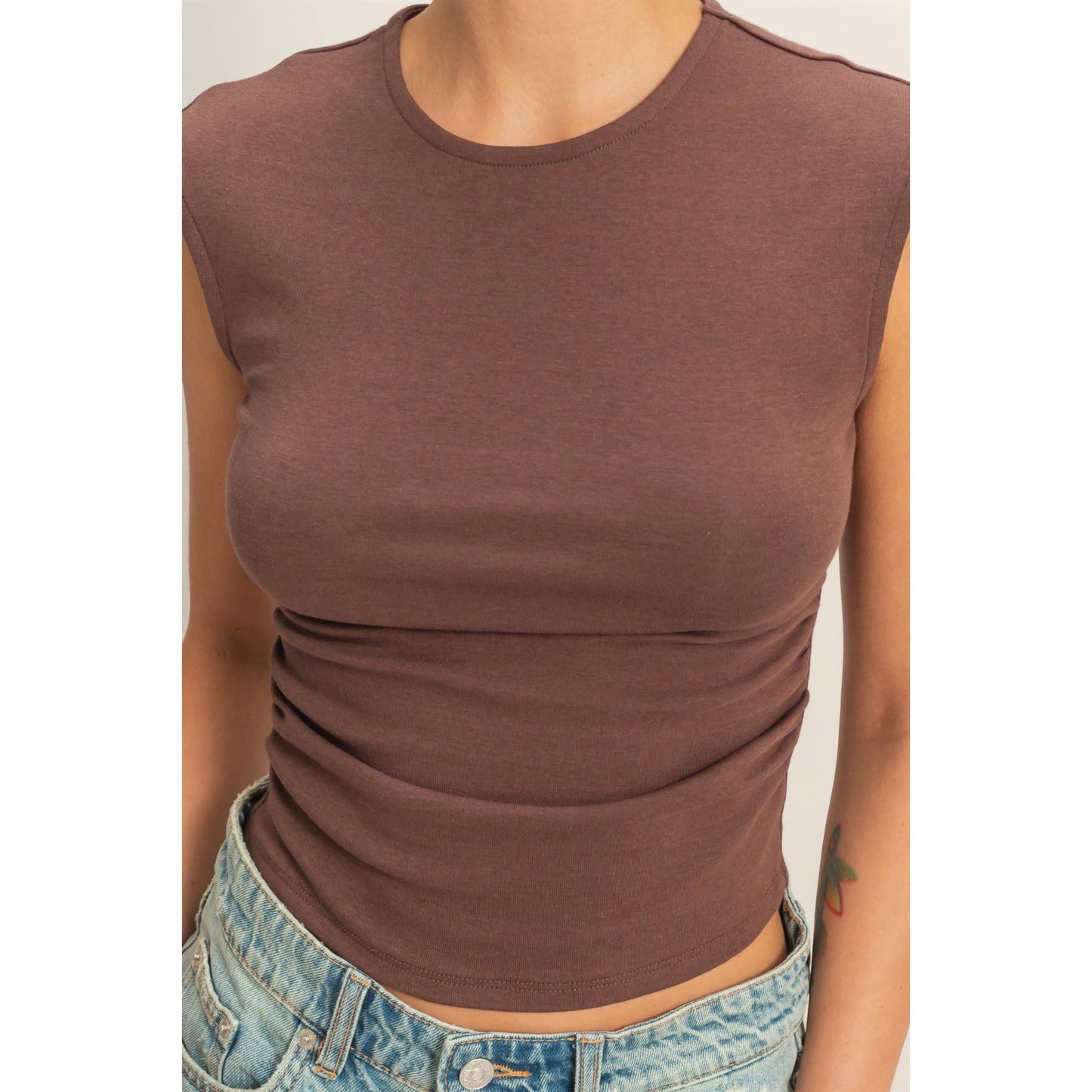 Ruched Waist Cap Sleeve Top