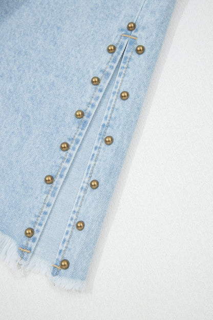 Studded Side Slit Leg Frayed Pocketed Wide Leg Jeans