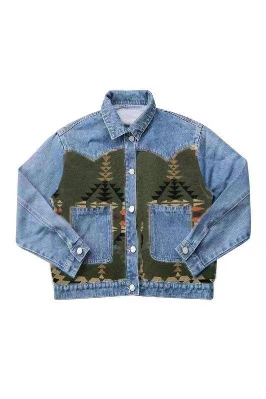 Denim Jacket with contrast fabric Aztec Print