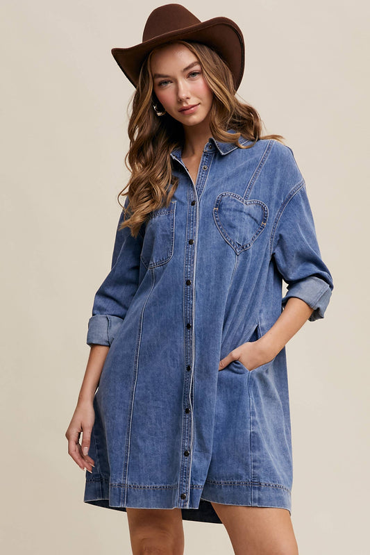 Denim Heart-Pocket Shirt Dress—Montana Boho Western Spirit Fashion: