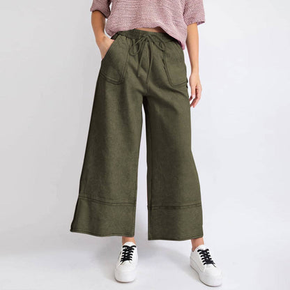Casual High-Waist Tie-Belt Washed Draped Wide-Leg Pants