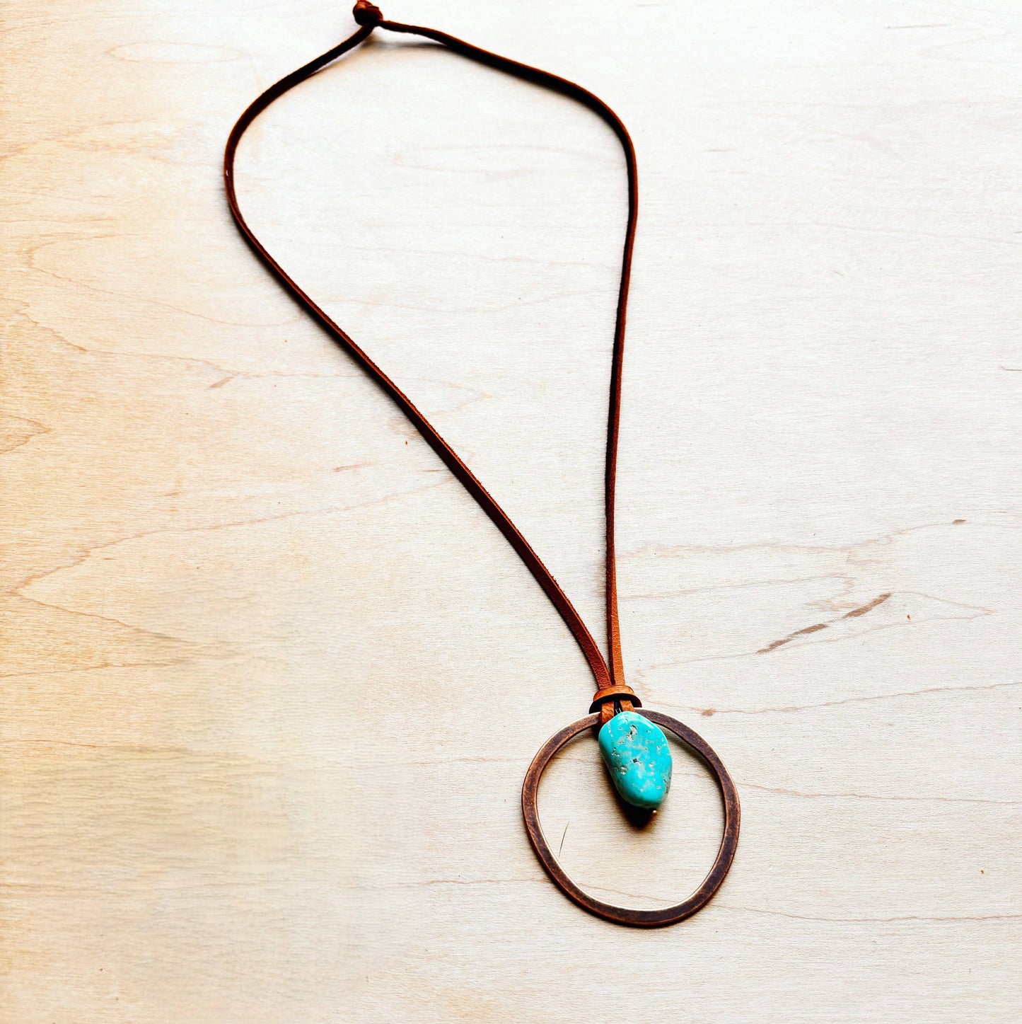 Leather Cord Necklace Antique Gold Hoop & Natural Turquoise—Montana Boho Western Spirit Jewelry