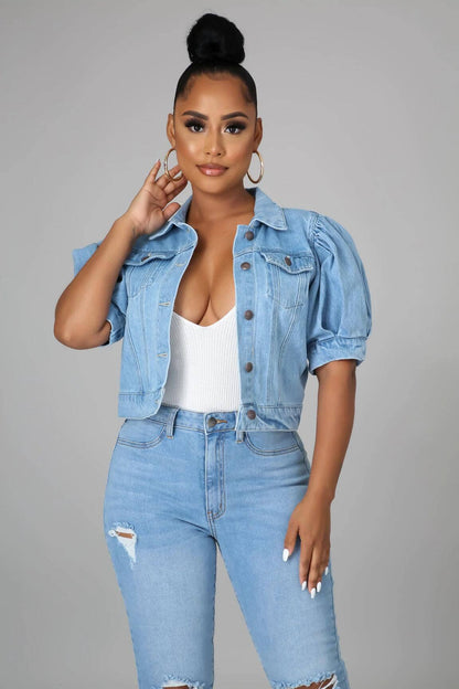 Be A Show-Stopper: Casual Sweet Short Puff Sleeve Crop Denim Jacket