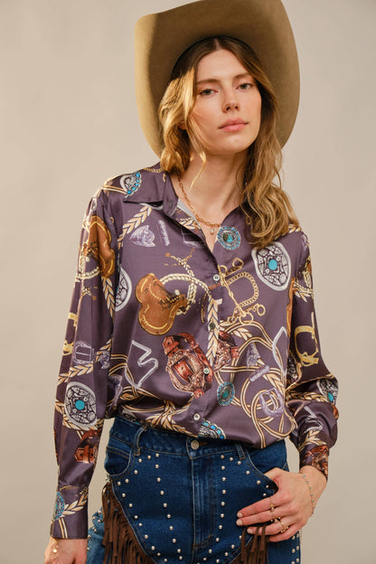 Montana Boho Western Spirit: Motif Printed Button Down Shirt