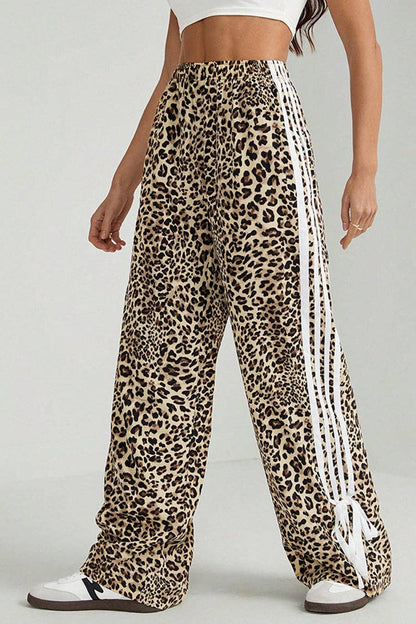 Leopard Print Stripe Casual Pants (Adorable three draw-string bows on hem)