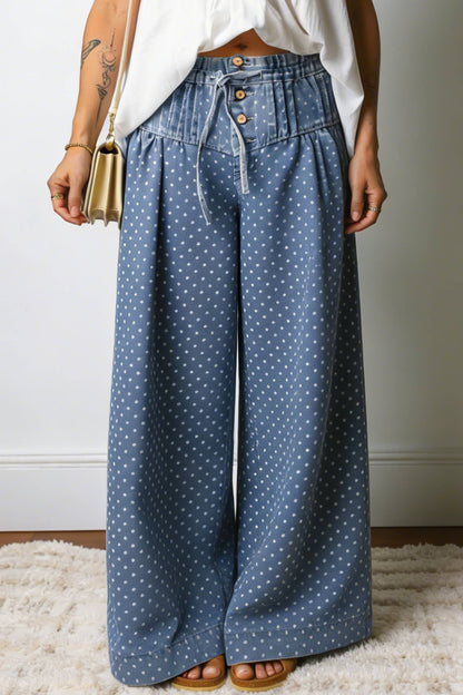 FREE SPIRIT DREAMER Series: Stripe Button Pleated Drawstring Waist Casual Wide Leg Jeans
