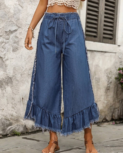 Boho High Waist Ruffle Frayed Denim Palazzo Pants