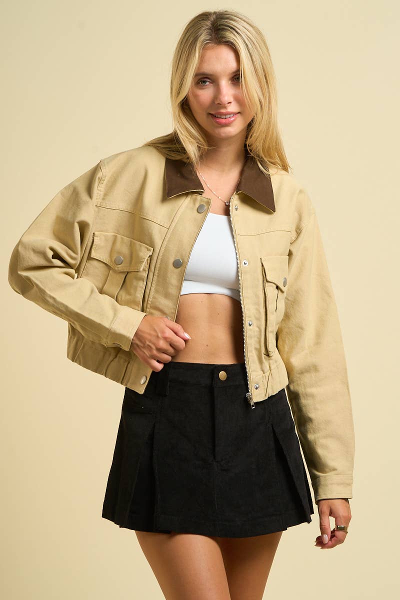 Cropped Utility Jacket with Contrast Collar (OLIVE w/Brown Collar)