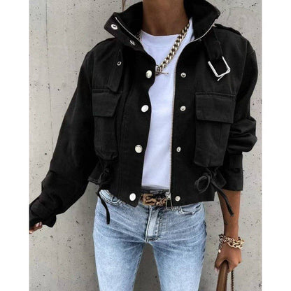 Jacket: Printed Zip-Up Drawstring Short Jacket (Runway Hit)