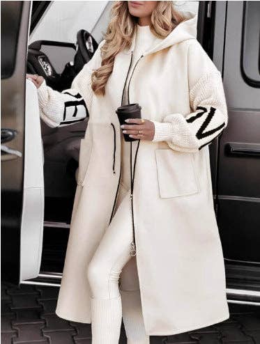 Women Long Hooded with Knit Sweater Inserts—Coat/Duster/Cardigan