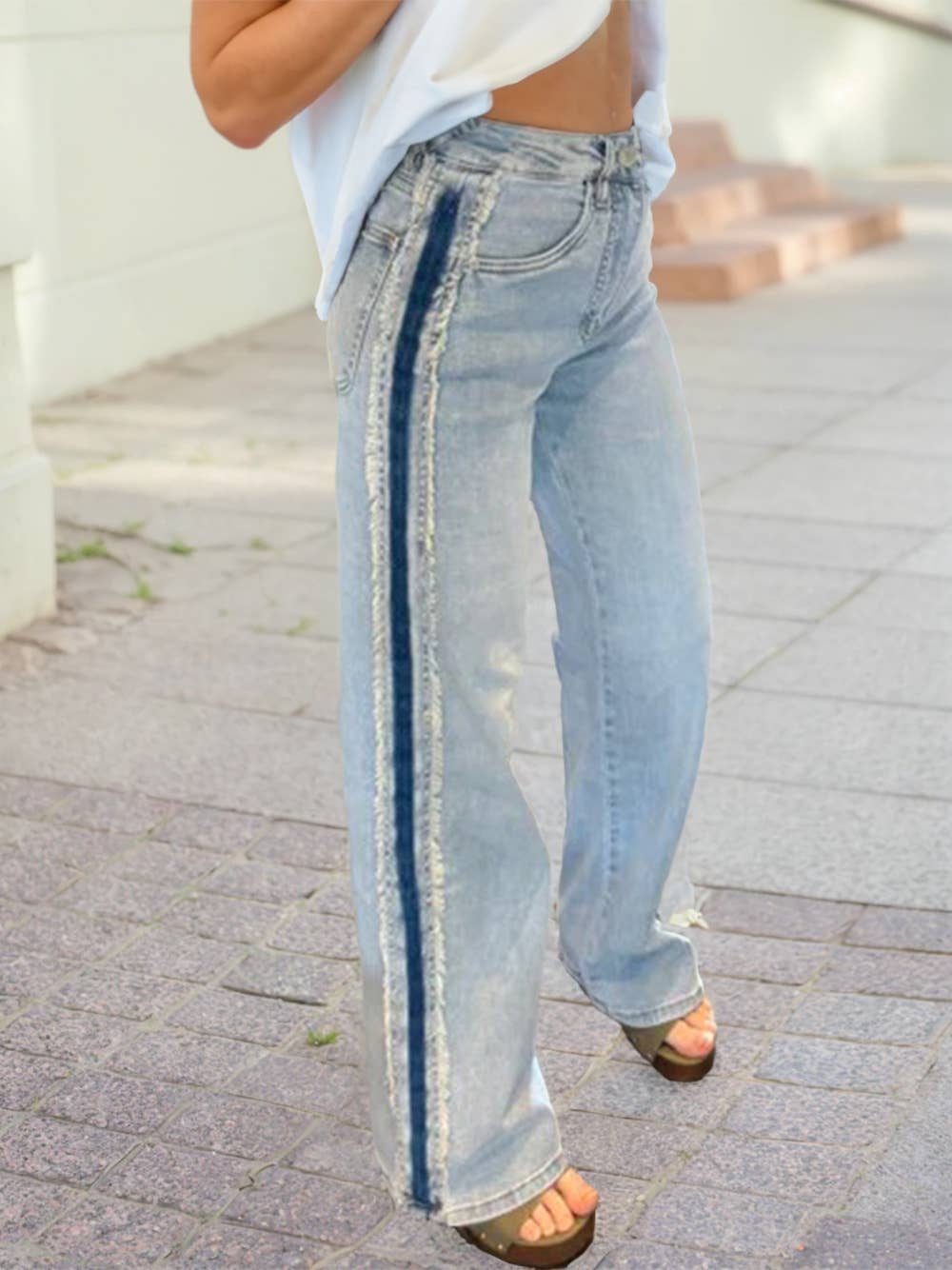Contrast Stripe Frayed Side Panel Patchwork Shift Jeans