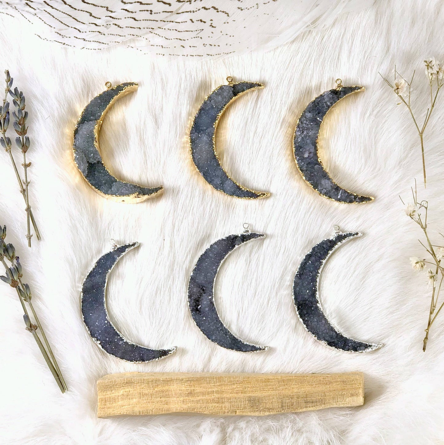 Druzy Moon Pendants with Electroplated 24k Gold/Silver Edge
