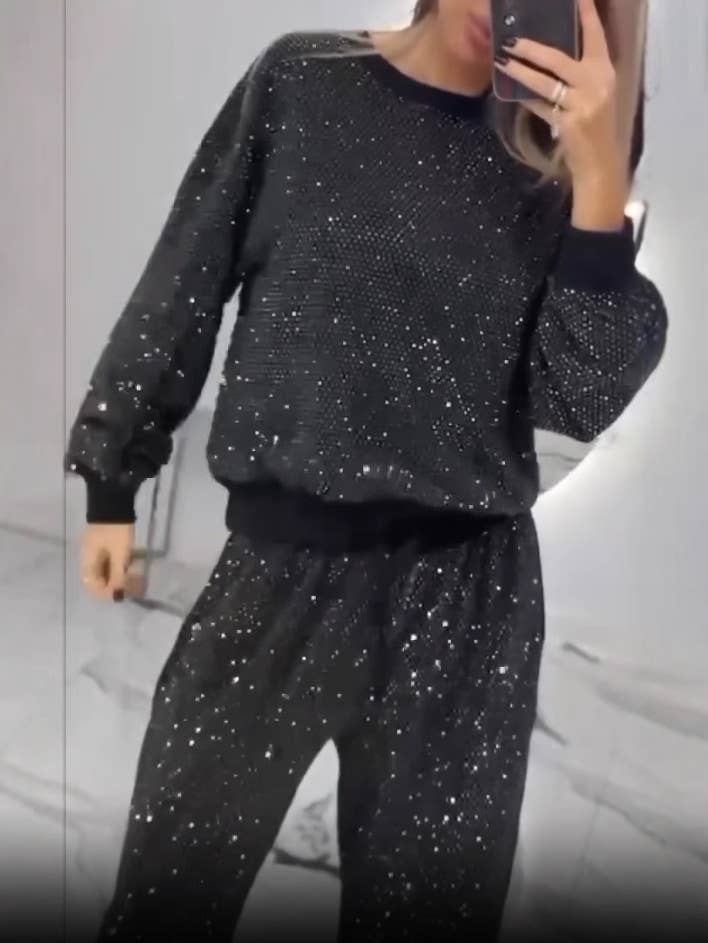 Show-Stopping Comfort: Sparkling sequin allover; wide-leg pant set