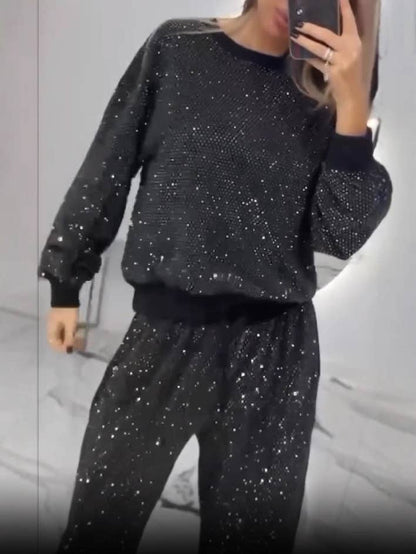 Show-Stopping Comfort: Sparkling sequin allover; wide-leg pant set