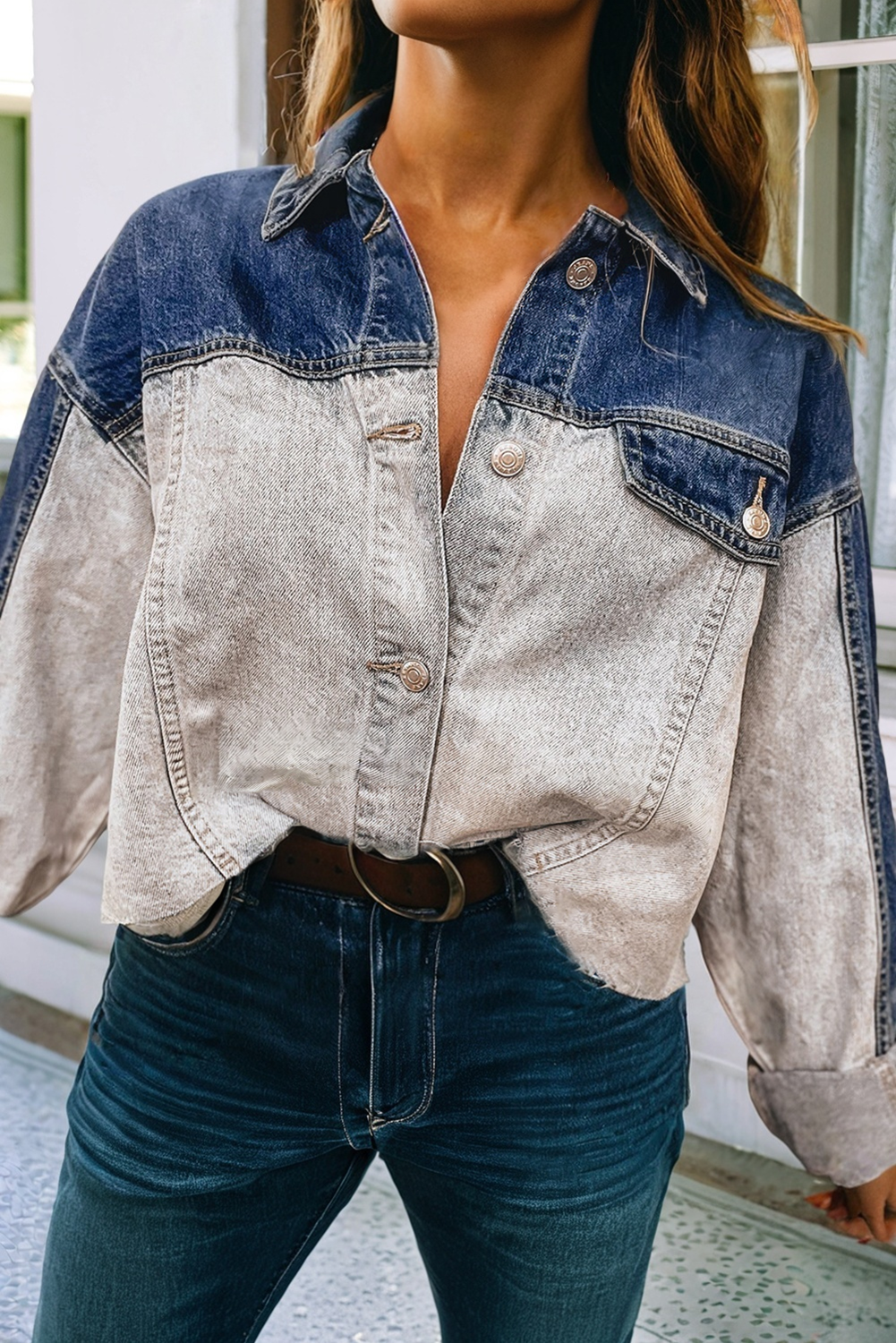 Montana Vibe: Color Block Patchwork Flap Detail Distress Denim Jacket