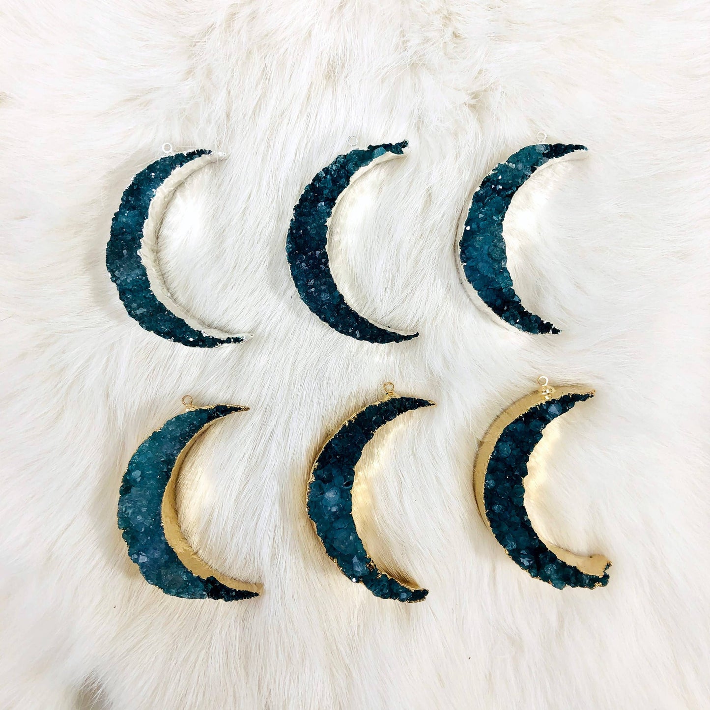 Druzy Moon Pendants with Electroplated 24k Gold/Silver Edge