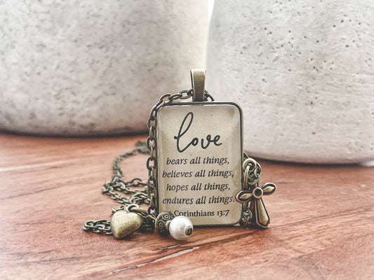 Love Bears All Things 1Corinthians 13:7 Bible verse Necklace: Montana Boho Western Spirit Jewelry